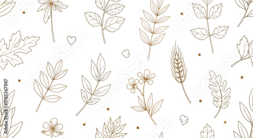 Botanical Seamless Pattern with Golden Line Art Leaves and Flowers on White Background