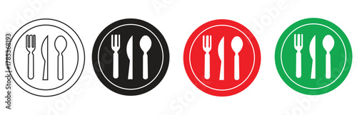 Four cutlery icons in different colors outline, black, red, and green
