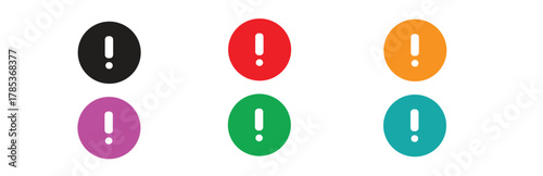 Group of six circular warning or exclamation mark icons in various colors