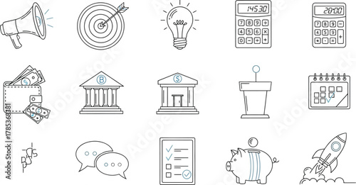 Business Finance Icon Set Outline Style Megaphone, Target, Idea, Calculator