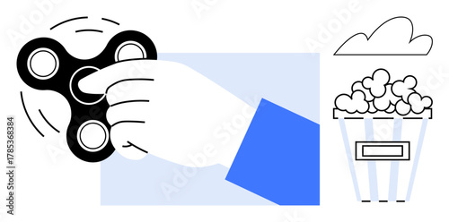 Hand playfully spinning a fidget spinner next to a bucket of popcorn and a floating cloud. Ideal for relaxation, play, focus, hobbies, leisure, stress relief, mindfulness. Simple flat metaphor