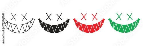 Four stylized smiley faces with x eyes and jagged teeth, in outline, black, red, and green