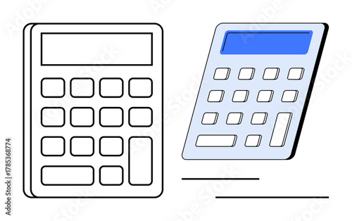 Two calculators, one outlined and one filled with a blue display. Ideal for education, accounting, finance, business operations, calculations, data analysis, simple flat metaphor