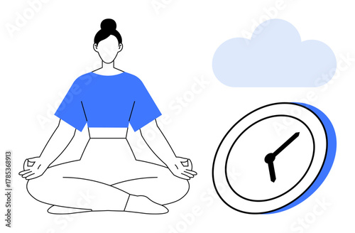Seated woman in meditation pose, clock symbolizing time, cloud symbolizing calm. Ideal for mindfulness, time management, productivity, relaxation, stress reduction wellness and balance. Simple flat