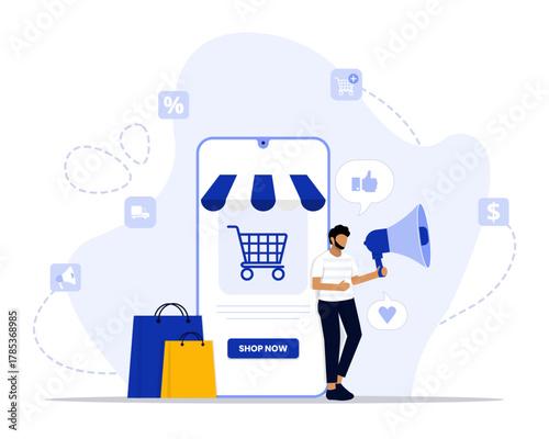 Ecommerce campaign concept illustration. Suitable for landing page, ui, web, App intro card, editorial, flyer, and banner.