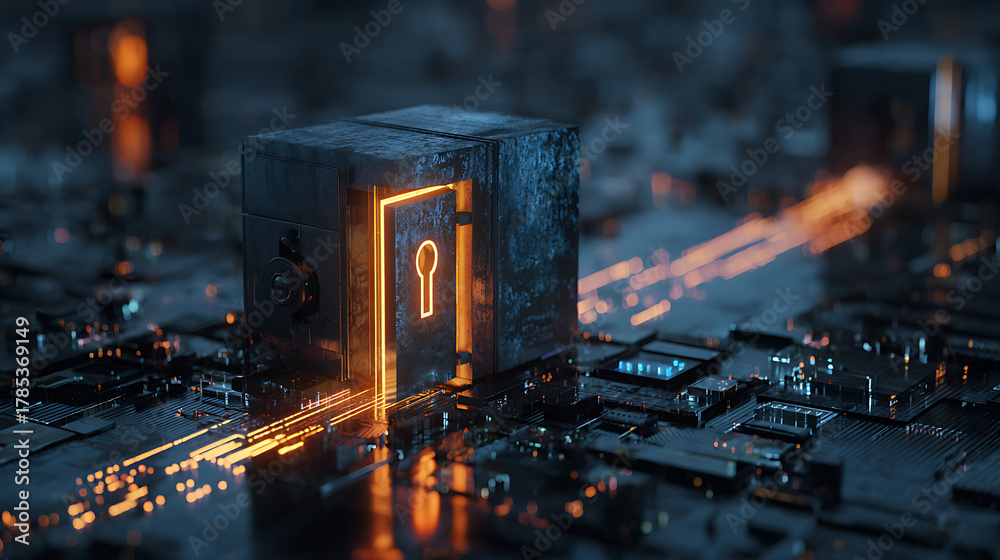 Fototapeta premium Secure digital vault glowing with keyhole unlocking access to futuristic data streams and technological innovation