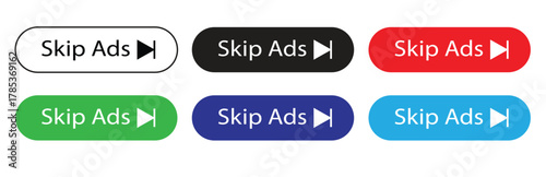 Collection of six colorful skip ads buttons with a play icon