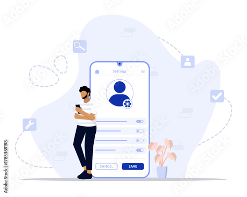 Personal settings concept illustration. Suitable for landing page, ui, web, App intro card, editorial, flyer, and banner.