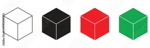 Four isometric cubes in different colors and outlines