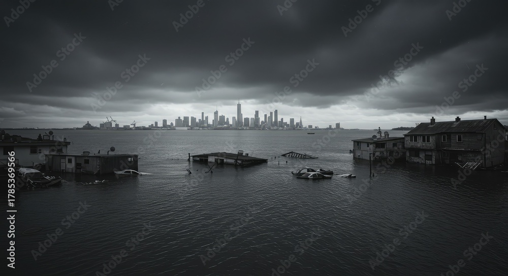 Naklejka premium Devastated coastal town submerged by rising sea levels with distant modern city skyline under dramatic storm clouds, a stark warning of climate change impact.