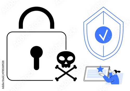Padlock, shield with checkmark, skull with crossbones, and user interacting with a tablet. Ideal for data protection, online safety, threat prevention, secure technology, digital privacy risk
