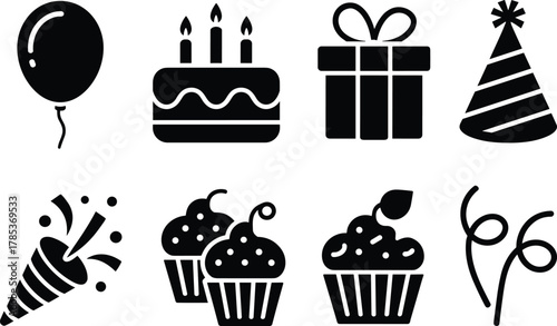 Birthday party celebration vector illustration with cake, cupcake, gift box, balloon, party hat, and confetti decorative icons