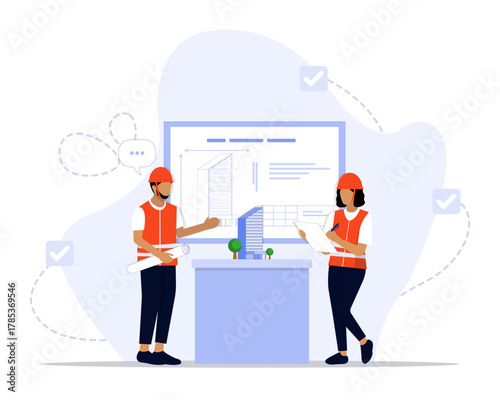 Construction architect concept illustration. Suitable for landing page, ui, web, App intro card, editorial, flyer, and banner.