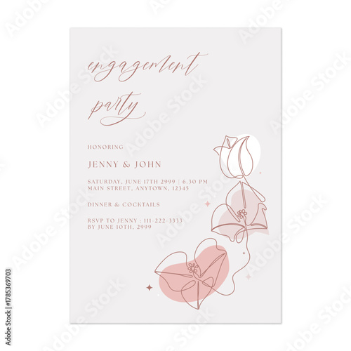 Engagement party invitation template with large, continuous single-line drawings of Bougainvillea flowers that flow from the bottom right corner upwards on a very pale pink background