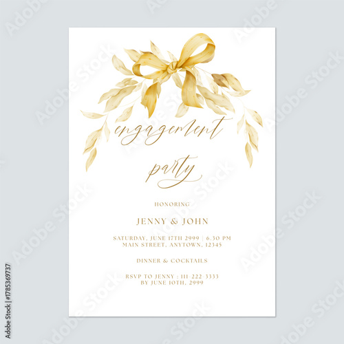 Engagement party invitation template with watercolor illustration of a golden bow tied around delicate golden leaves, creating a frame above text on a solid white background