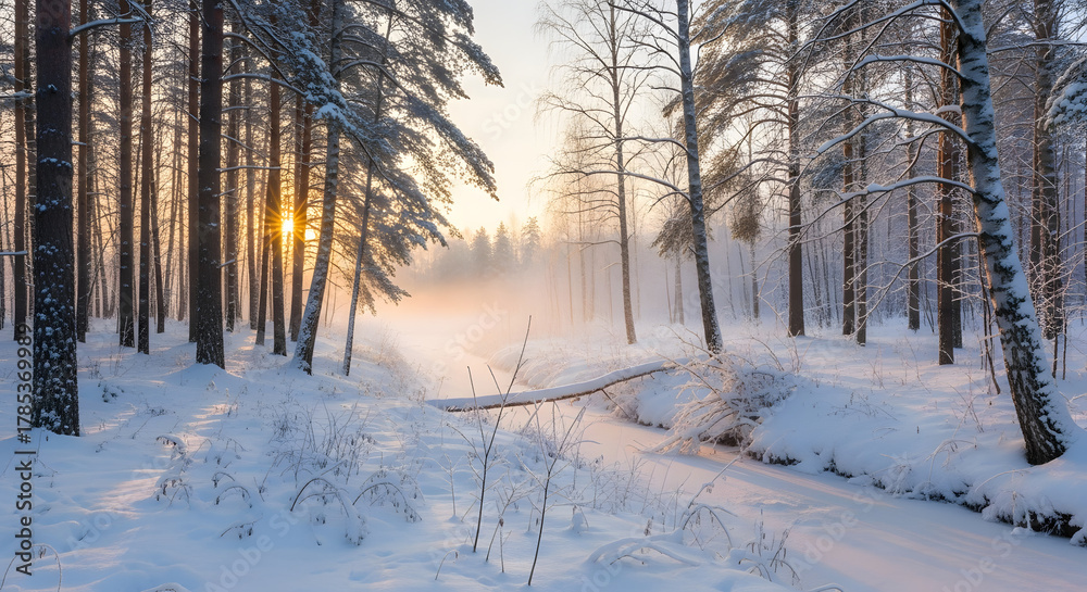 Obraz premium Peaceful snowy forest at sunrise, detailed winter landscape, no people, high resolution