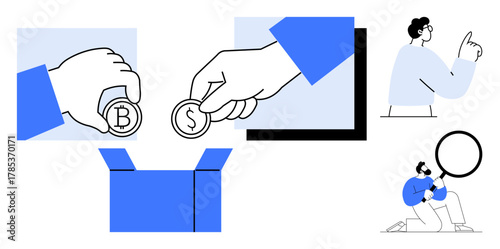 Hands deposit cryptocurrency and dollar coins in a box, person analyzing with magnifier, and figure pointing. Ideal for finance, investment, cryptocurrency, decision-making, savings, analysis
