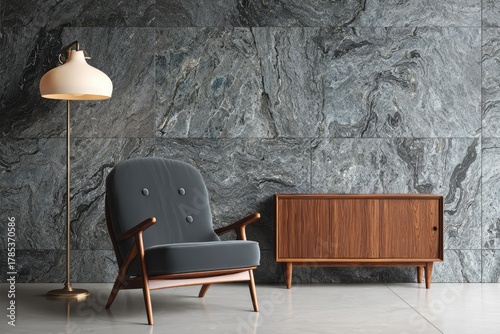 Mid-century modern armchair and cabinet against a stone wall.