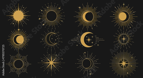 Golden Celestial Icons: Sun, Moon, and Stars Vector Collection