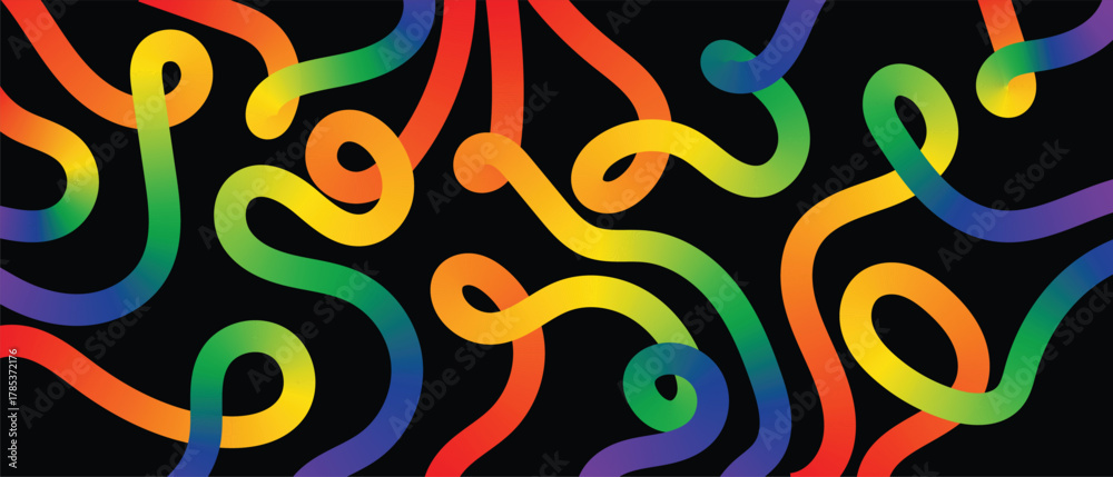 Obraz premium Gradient looping strands elegantly weave across a stark black background, creating dynamic art