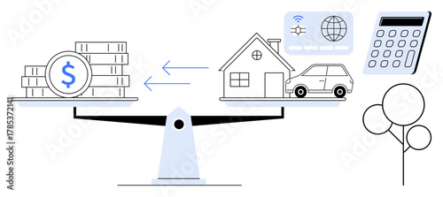Scales balance money and assets thumbs up a house and car, with a calculator and technology icons nearby. Ideal for finance, budgeting, investment, loans, mortgage, decisions, simple flat metaphor