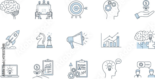 Business Strategy Line Art Icon Set with Brain, Rocket, Goal, Chess Pieces, and Graph