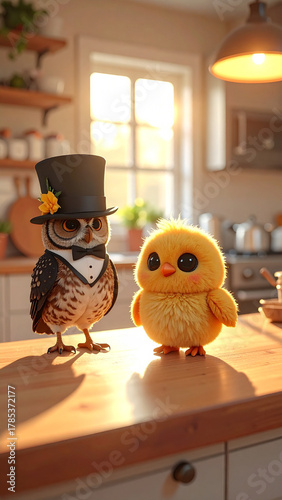 two owls sitting on a table