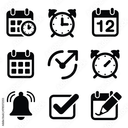 Black and white icon set for time management and scheduling