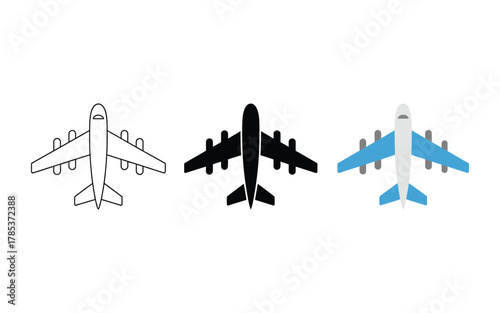 Three distinct airplane illustrations in outline silhouette and color