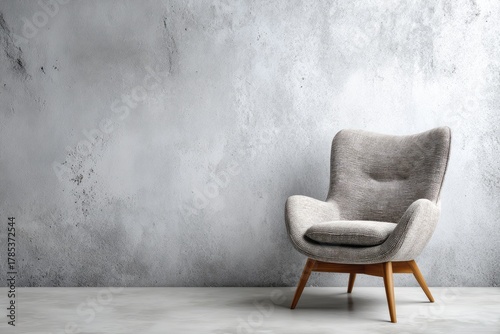 Comfortable armchair against a textured concrete wall provides a modern aesthetic.