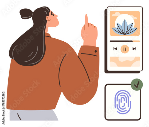 Woman interacts with smartphone featuring wellness app interface and fingerprint scanning for secure access. Ideal for security, health, mindfulness, technology, app usage, digital safety, privacy