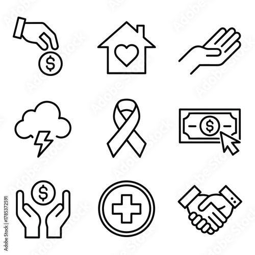Charity and Donation Icon Set for Social Issues and Relief Efforts