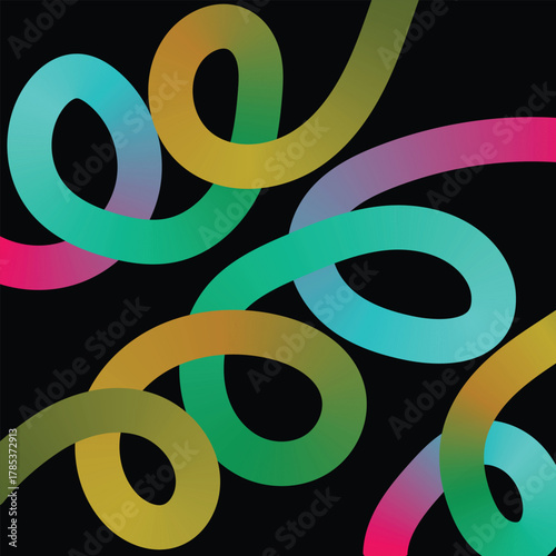 Colorful gradient ribbon elements gracefully intertwine against a stark black backdrop, creating depth