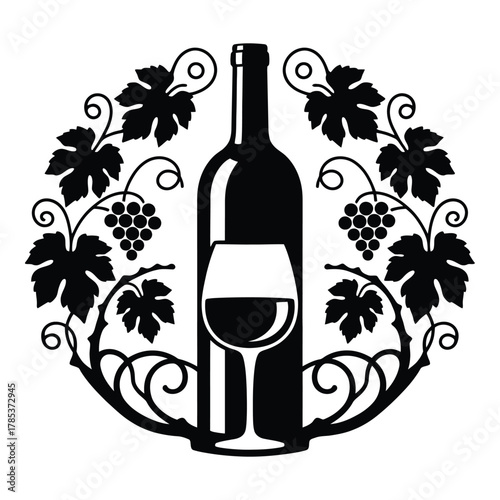 Elegant wine bottle and glass surrounded by grape vines illustration