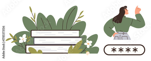 Woman facing left, raising hand in contemplation by password field, stacked books, and green foliage. Ideal for security, learning, problem-solving, mindfulness education creativity growth. Simple