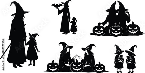 "Halloween silhouettes of witches and children, broomstick, bat, jack-o'-lanterns, costumes, spooky night, festive, celebration, holiday, fun, magic"