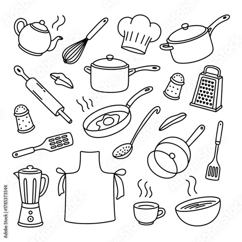 Kitchen utensils and cooking equipment doodle art seamless pattern background
