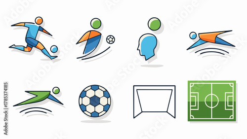 Dynamic Vector Illustration Set Featuring Diverse Soccer Game Elements and Player Actions for Sports-Themed Designs