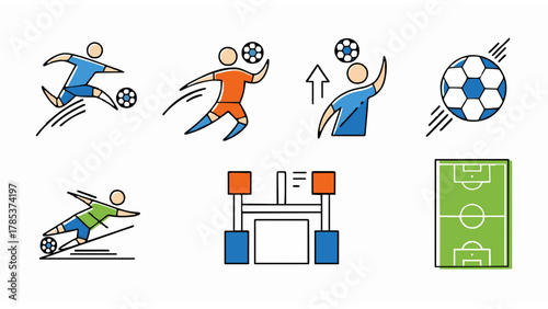 Set of stylized icons depicting various soccer actions and elements, including players, a ball, and a field
