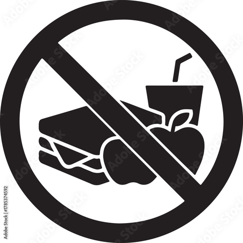 Black and white no junk food symbol with burger and drink prohibition