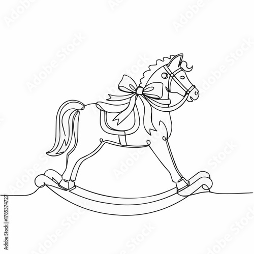 Charming rocking horse with bow, perfect for children's decor and nostalgic art, captures the innocence of childhood, line art evokes simple joy