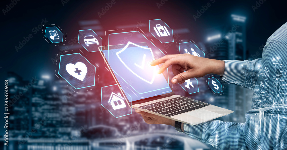 Obraz premium Security and insurance concept showing protection coverage for health, travel, home, car, life, and financial safety, emphasizing trust and policy assurance Vouch