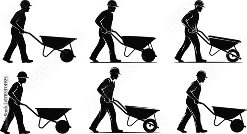 Silhouettes of construction workers pushing wheelbarrows, manual labor, safety gear, industrial effort, building site, posture, teamwork, transportation, tools, motion