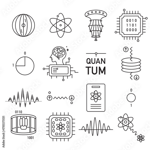 Quantum technology line icon with quantum computing,chip, atom, wave, internet,security