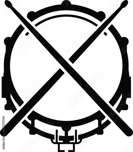 Black and white snare drum with crossed drumsticks vector illustration for music, percussion, rhythm, band, sound, logo, and design