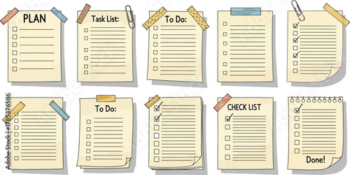 Cartoon Beige Sticky Note Paper Collection with Checklist Boxes on White Background