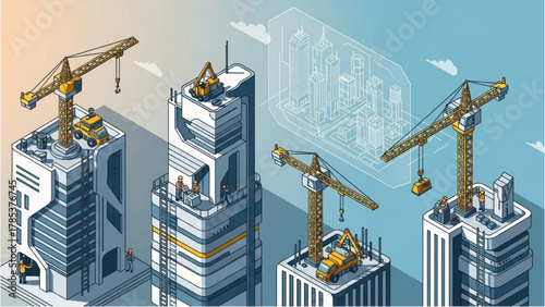 Isometric illustration of a futuristic city with skyscrapers under construction and tower cranes