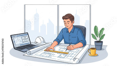 Architect Working on Blueprints in His Office with City Skyline View