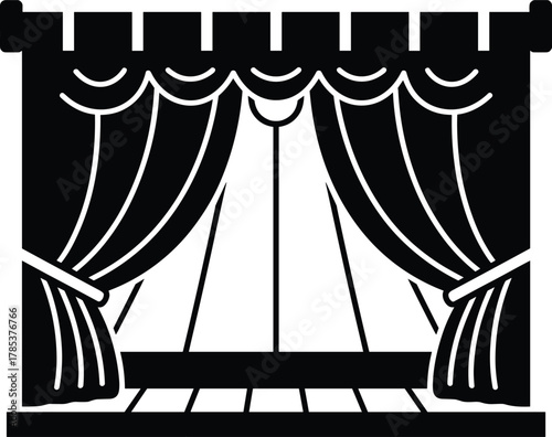 Black and white theater stage vector with curtains, valance, spotlight, and microphone stand—ideal for drama, performance, and entertainment design.