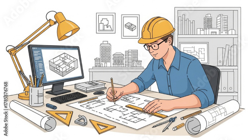 Architect Working on Blueprints and Computer-Aided Design in Modern Office Setting